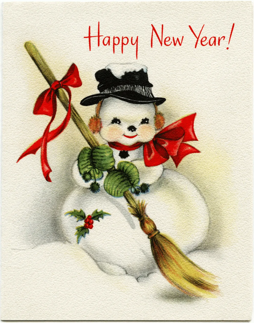 Снеговик с метелкой открытка новый год